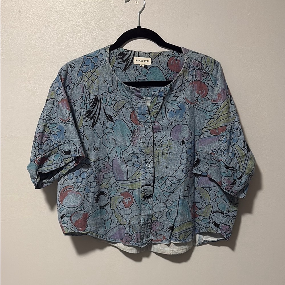 Blue Printed Cropped Button-Front Top